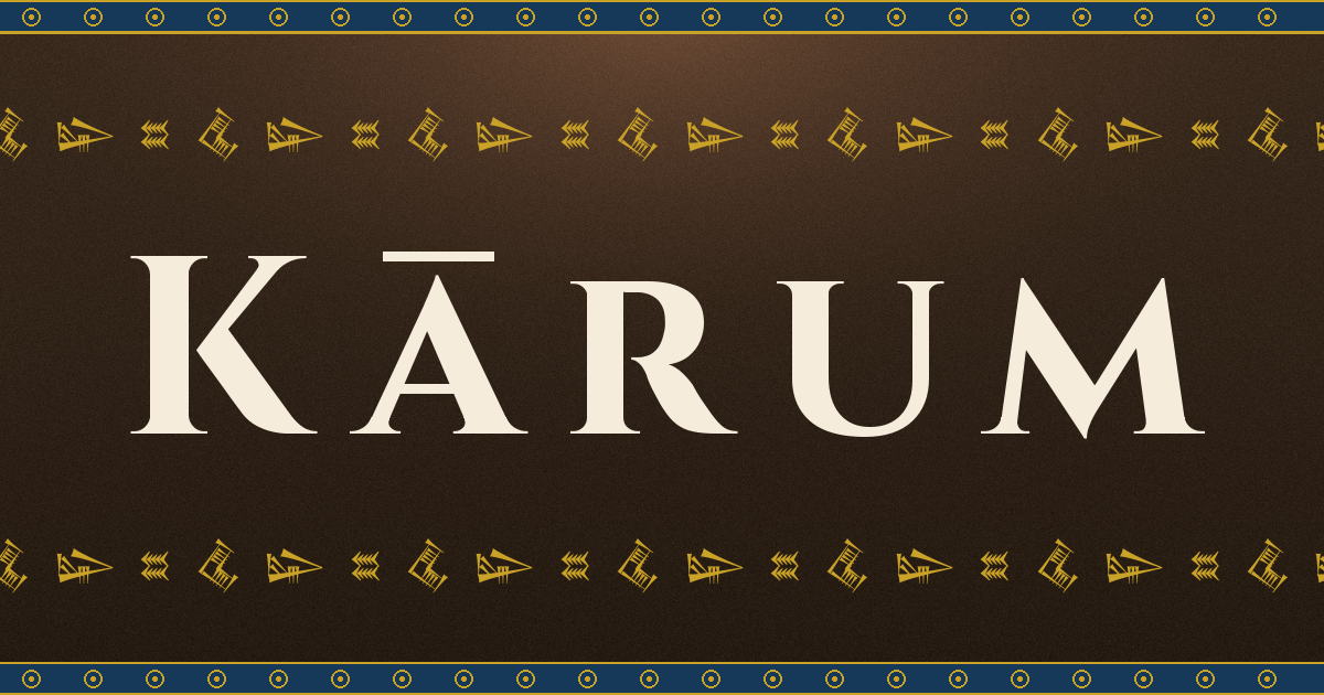 A stylized rendering of the word Karum on a decorative background.